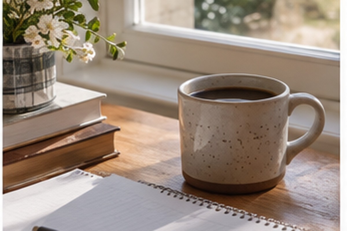 A sunlit writing desk with coffee, notebooks, and flowers.