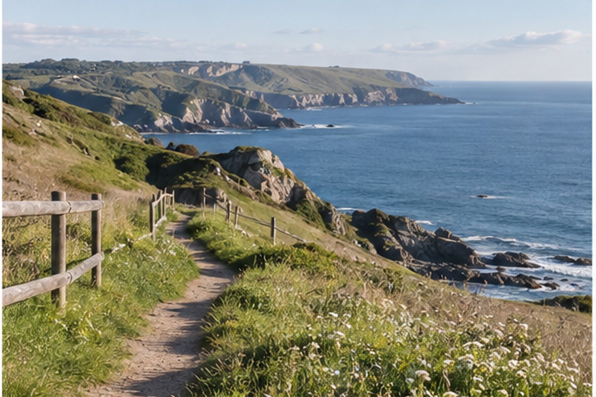 A green path following the coastline above the sea.