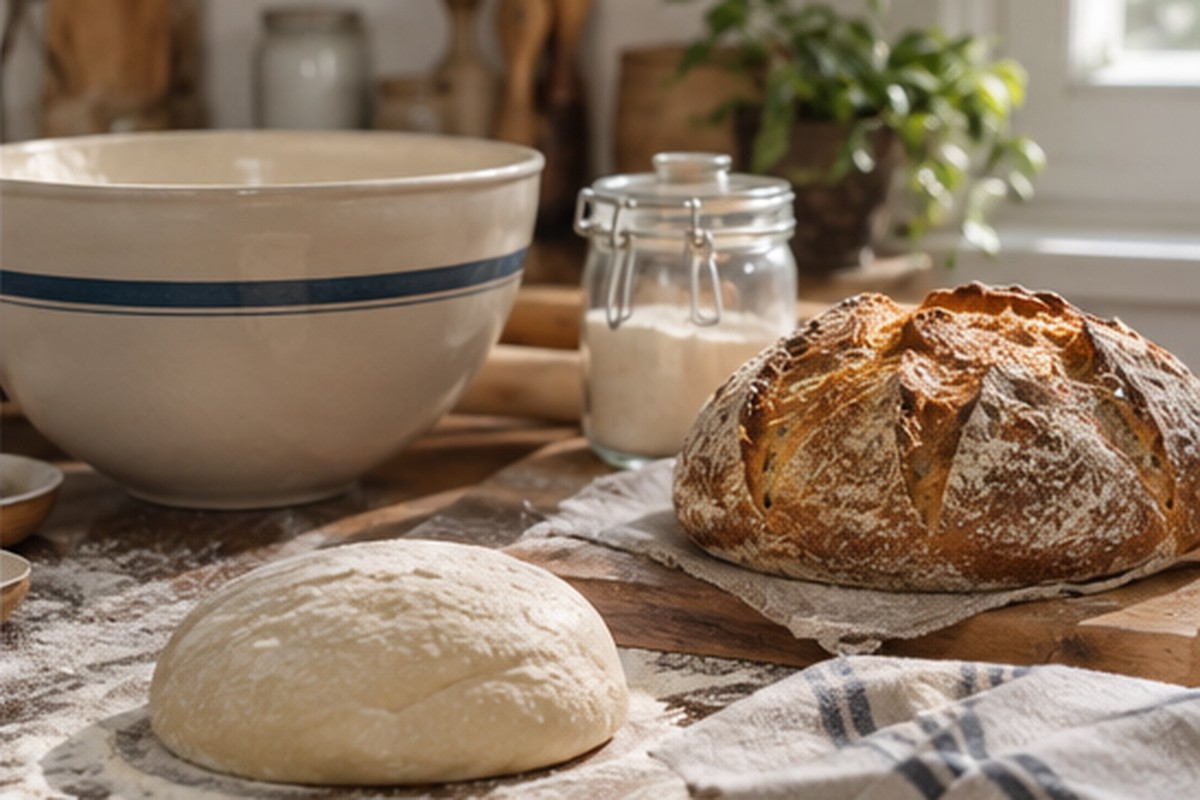 Fresh bread and dough prepared on a home kitchen worktop.