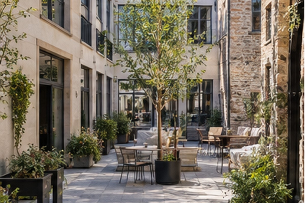 A pedestrian courtyard framed by varied architecture and greenery.