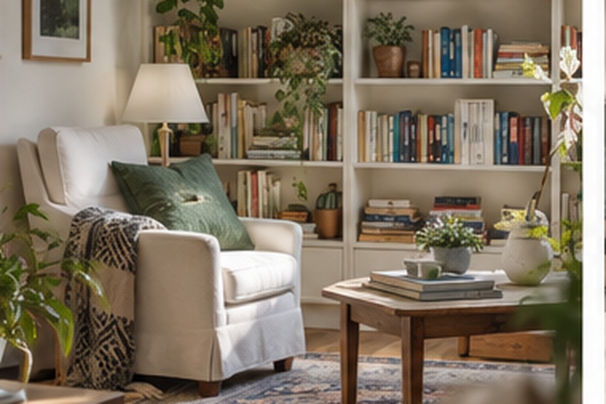 Comfortable home library with books, plants, an armchair, and soft daylight.