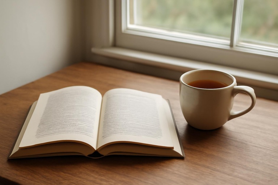 An open book on a small table by a window with a cup of tea