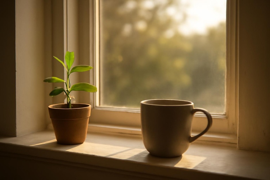 Morning light falling on a windowsill with a small plant and a cup