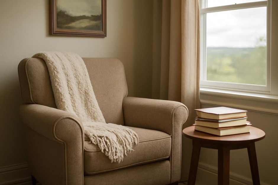Cozy armchair by a window with a small side table and a stack of books