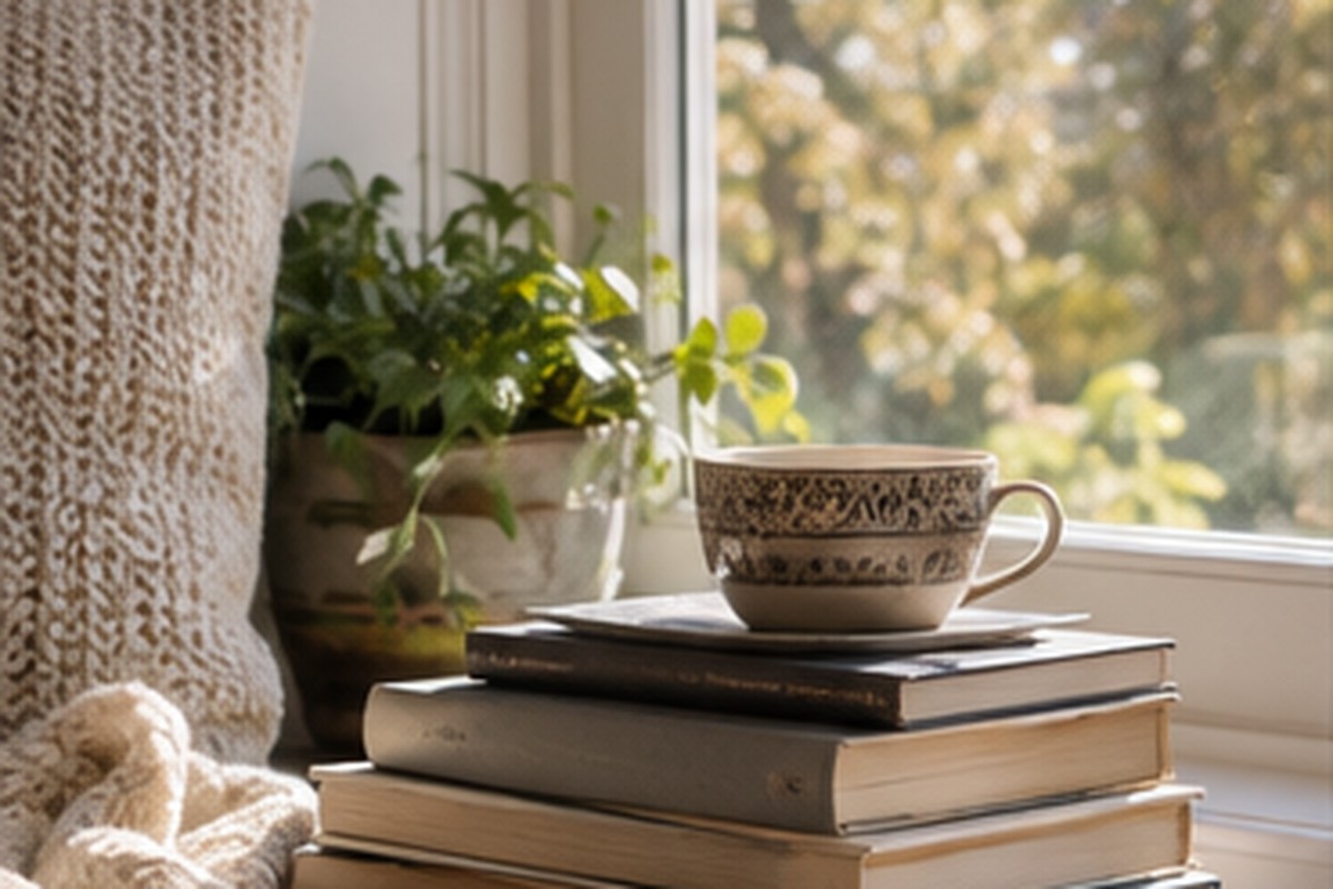 Sunlit reading corner with stacked books, a warm drink, soft textiles, and a leafy plant.