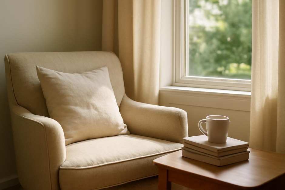A sunlit armchair beside a window with a small stack of books and a cup on a low table
