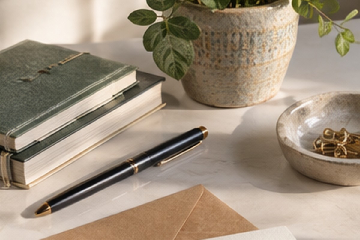 Minimal stationery still life with books, a pen, envelopes, and a leafy plant.