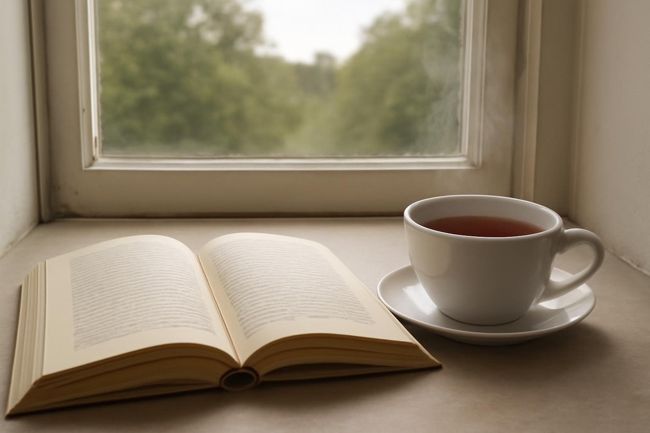 A steaming cup of tea beside an open book on a windowsill